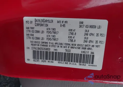 2005 Dodge Ram 1500 Slt/Laramie из США, поврежденный, VIN 1D7HU18N25S358859